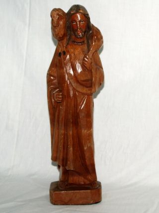 Vintage Carved Wood Figure Jesus Carrying Lamb Religious Statue Folk Art 12 Inch