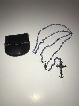 Vintage Mid Century Italian Sterling Silver Rosary With Blue Purple Prayer Beads