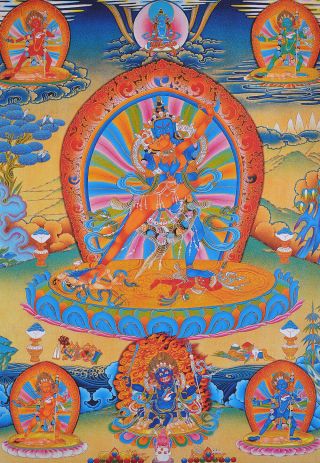 25 " Natural Mineral Color Silkprint Tibetan Thangka: Chakrasamvara With Consort