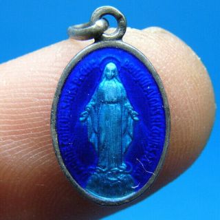 Silver Virgin Mary Enamel Antique Old Catholic Pendant Religious Medal Charm