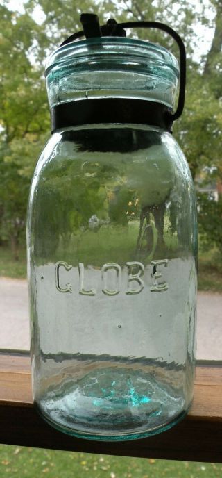 Dated 1886 Quart Aqua Globe Fruit Jar With Unusual Lever Closure