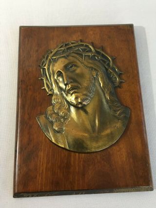 Antique Bronze Wall Face Mask Of Jesus Crown Of Thorns Signed Escudero Plaque