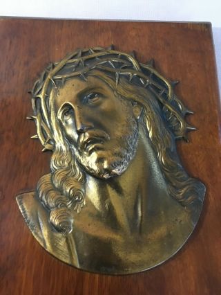 Antique Bronze wall face mask of Jesus Crown of Thorns signed Escudero plaque 2