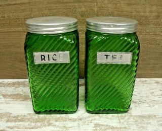 2 Vintage Ribbed Green Glass Owens Illinois Hoosier Tea & Rice Jar Canisters