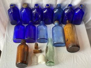 Vintage Blue Glass Bottles Phillips Milk Of Magnesia Coke Clorox Parke Davis