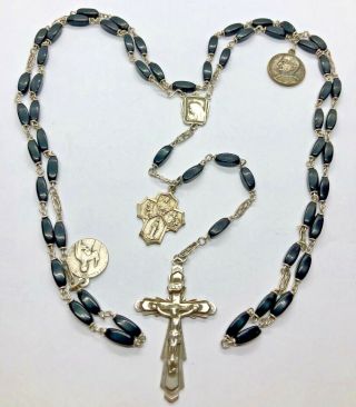 † Priest Antique Black Glass Beads & Sterling Silver - Art Deco Rosary †
