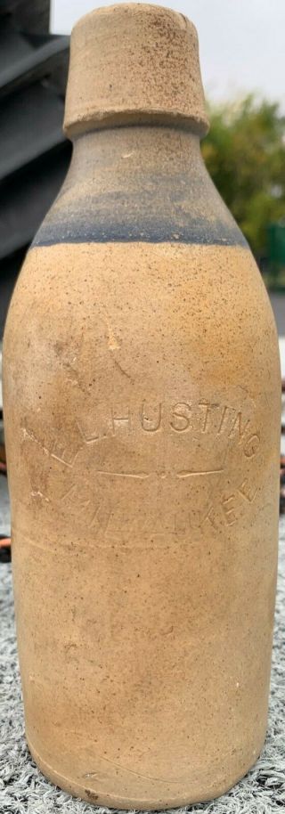 E.  L.  Husting Milwaukee Wi Antique Blob Top Stoneware Or Pottery Beer Bottle Blue