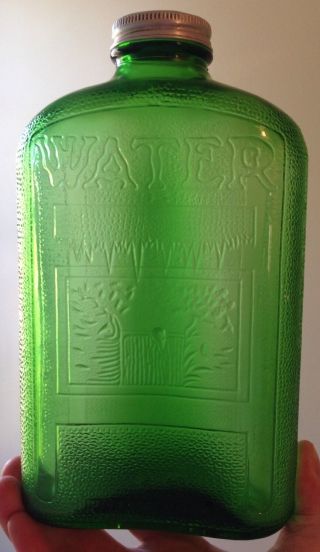 1930s - 1950s Green Refrigerator Water Bottle With Cap,  1 Quart,  Owens,  Vintage