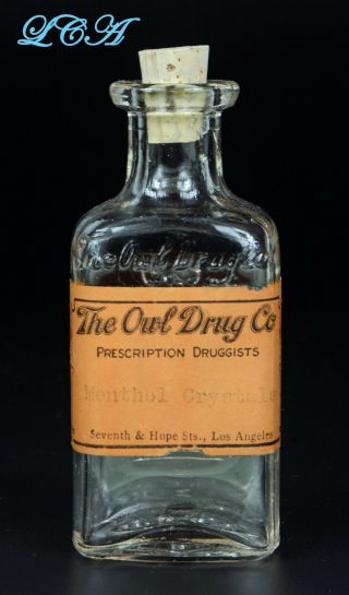 Old Owl Drug Bottle W/label - 7th & Hope Street - Los Angeles - Menthol Crystal