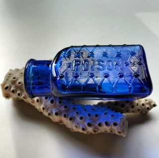 Deep Cobalt Blue Triangular Cross Hatched Poison Bottle