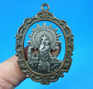 Huge Our Lady Of Pilar Old Antique Religious Pendant Medal Charm 1900s