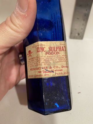 Old Hexagon COBALT BLUE Bottle Zinc Sulphate Poison Rexall Palo Alto,  Ca 2
