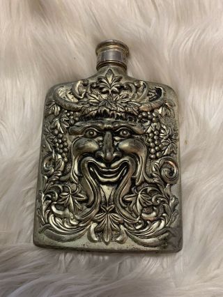 Vintage 1983 Godinger Bacchus Face 6” Flask Silver Plated