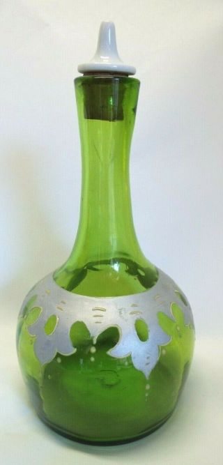 Old Antique Hand Blown Green Glass Barber Decanter Bottle W Stopper
