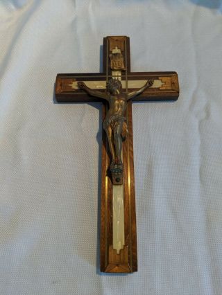 Antique Wood Cross Crucifix Fine Mother Of Pearl Inlaid Art Deco 12 "
