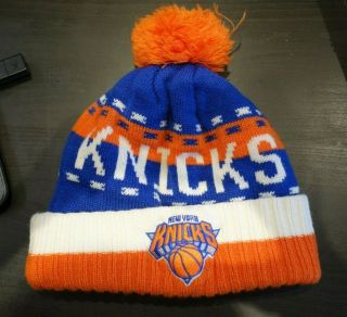 Adidas Nba York Knicks Cuffed Knit Hat Beanie Cap Pom Winter Orange Blue