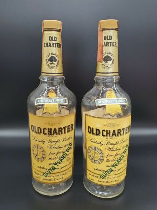 Two 1970s Empty Old Charter Kentucky Straight Bourbon Whiskey Bottles 4/5 Quart