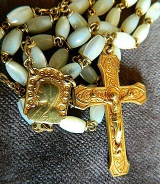 1920 Art Deco Virgin Mary Rosary Natural Mother Of Pearl Beads Gold Plated Part