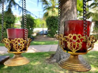 Antique Orthodox Brass Lampada Set Of 2 W/ Glass Inserts (hanging Votive Lamps)