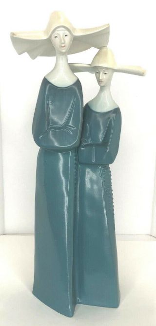 Saxe Foreign S Crown Porcelain 2 Nuns Religion Figurine Matte Blue 10.  5 "