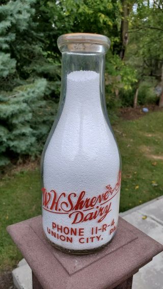 Quart Pyro Wh Sherve & Son Farm Dairy Union City Near Erie Pa Penn Milk Bottle
