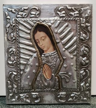 1997 Mexican Virgen De Guadalupe Tin On Wood Repousse Icon