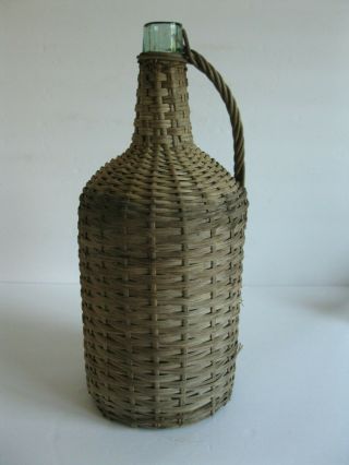 Antique Wicker Covered French Demijohn Aqua Wine Bottle With Handle