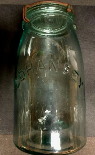Cohansey Light Aqua Whittled Quart Fruit Jar W/ Glass Lid & Wire Clamp