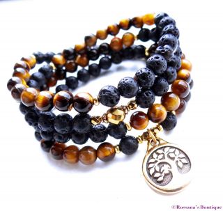 108 Bead Mala Necklace Gold Tiger Eye,  Volcanic Lava Rock And Gold Tree Of Life
