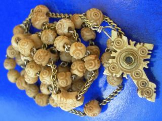1890s : Brass And Carved Sheep Beads Rosary With Stanhope Paray Le Monial