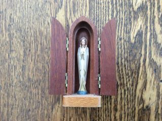 Anri Toriart Miniature Hand - Painted Carved Wood Statue Of Virgin Mary In Shrine