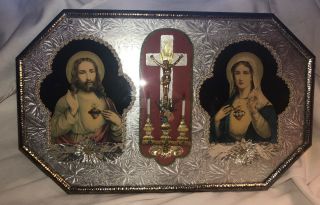 Vintage Religious Convex Glass & Hammered Metal Frame Jesus - Crucifix - Mary 18 "