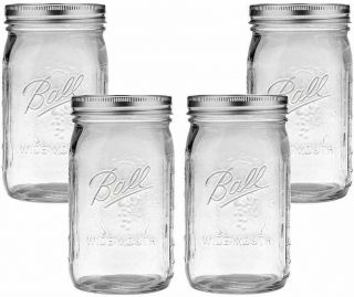 Ball Wide Mouth Pint Canning Mason Jars W/ Lids & Bands Clear Glass,  16oz 4 - Pack