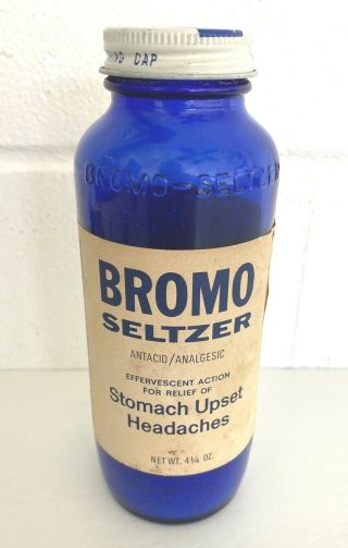 Vintage Bromo Seltzer Bottle 6 Inches 4 1/4 Ounces Cobalt Blue Antacid Label Lid