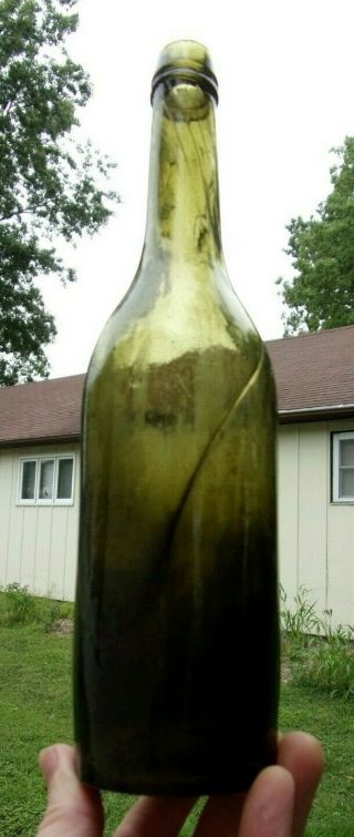Olive Green Unusual Liquor Bottle W/swirls Applied Lip 1860 