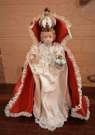 Vintage Child Of Prague Infant Jesus Catholic Statue 11 " Scapular Tag Cloth Cape