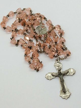 Vintage Sterling Silver Cone Faceted Glass Crystal Rosary Necklace Pink
