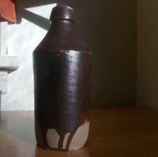 Early Brown Dipped Stoneware Beer Or Soda Bottle Dug In 1850s Outhouse Privy