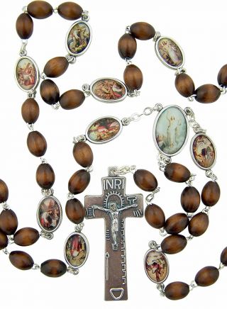 Oval Brown Wood Stations Of The Cross Chaplet Rosary With Prayer Card,  32 Inch