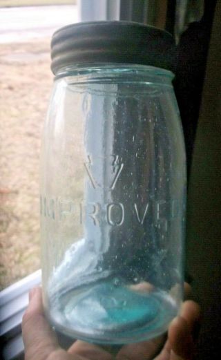 Aqua Quart Keystone Improved Fruit Jar With Glass Lid & Band 1890 