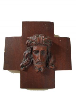 Art Deco Carved Wood Holy Face Of Jesus Sculpture Carving Wall Panel 8 "