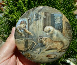 Antique,  Rated Scarce,  " Two Guilty Dogs.  In Collaboration " Prattware Pot Lid