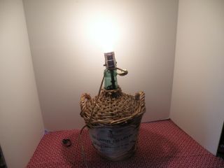 Vintage 1 Gal.  Spanish Chablis Green Bottle In A 2 Handle Wicker Basket (lamp)