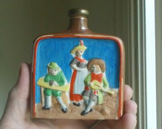 1920s Ceramic Whiskey Nipper Flask With Stopper Colorful Saloon Scene
