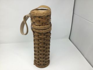 Vtg.  Wicker/rattan Wine Bottle Holder Basket/leather Handle Empty