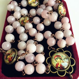 Pink Crystal Quartz Beads Antiqued Catholic 5 DECADE Rosary Bronze Crucifix 2