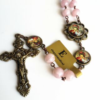 Pink Crystal Quartz Beads Antiqued Catholic 5 DECADE Rosary Bronze Crucifix 3
