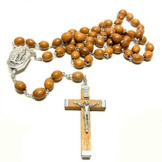 Catholic Wooden Rosary Lourdes Water Relic Medal - Blessed By Pope