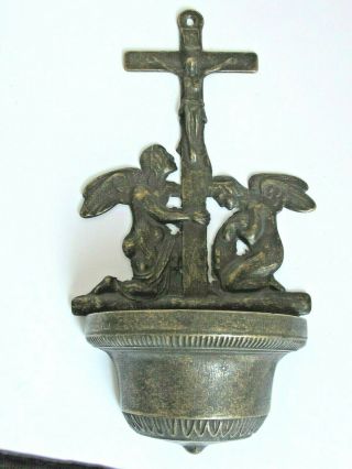 Vintage French Brass Kneeling Angels And Crucifix Holy Water Font