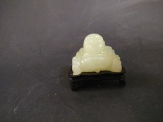 Carved Jade Laughing Happy Buddha With Fitted Wooden Stand N33